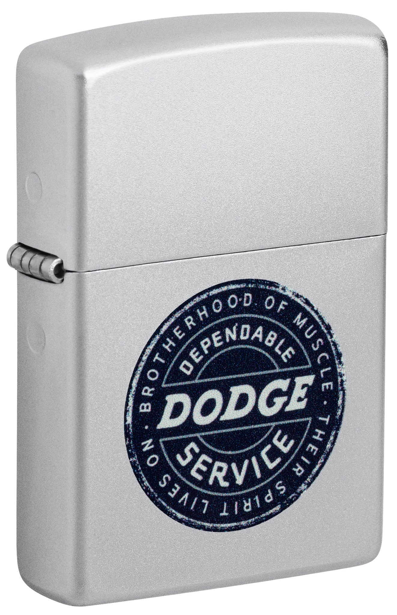 Front shot of Zippo Dodge Service Sign Satin Chrome Windproof Lighter standing at a 3/4 angle.