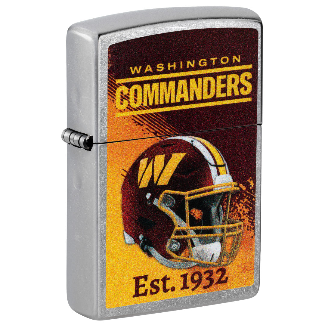 Front shot of Zippo NFL Washington Commanders Helmet Design Street Chrome Windproof Lighter standing at a 3/4 angle.