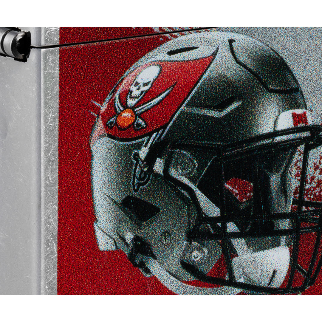 Front view of Zippo NFL Tampa Bay Buccaneers Helmet Design Street Chrome Windproof Lighter close up to show the detail of the lighter.
