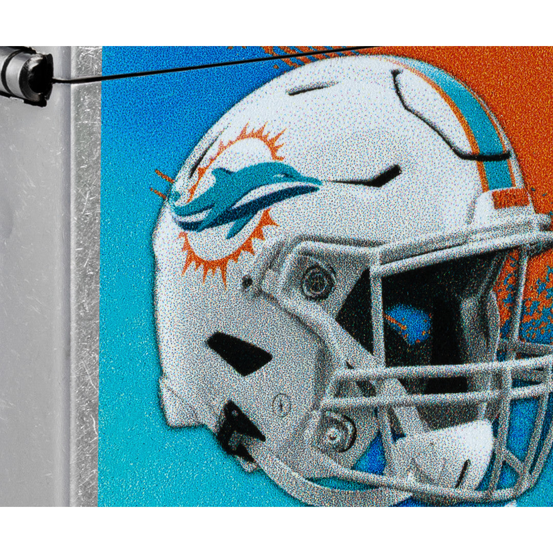 Front view of Zippo NFL Miami Dolphins Helmet Design Street Chrome Windproof Lighter close up to show the detail of the lighter.