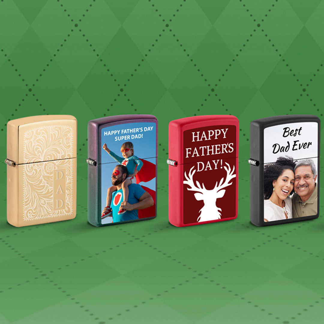 Four examples of customized lighters for Father's Day.