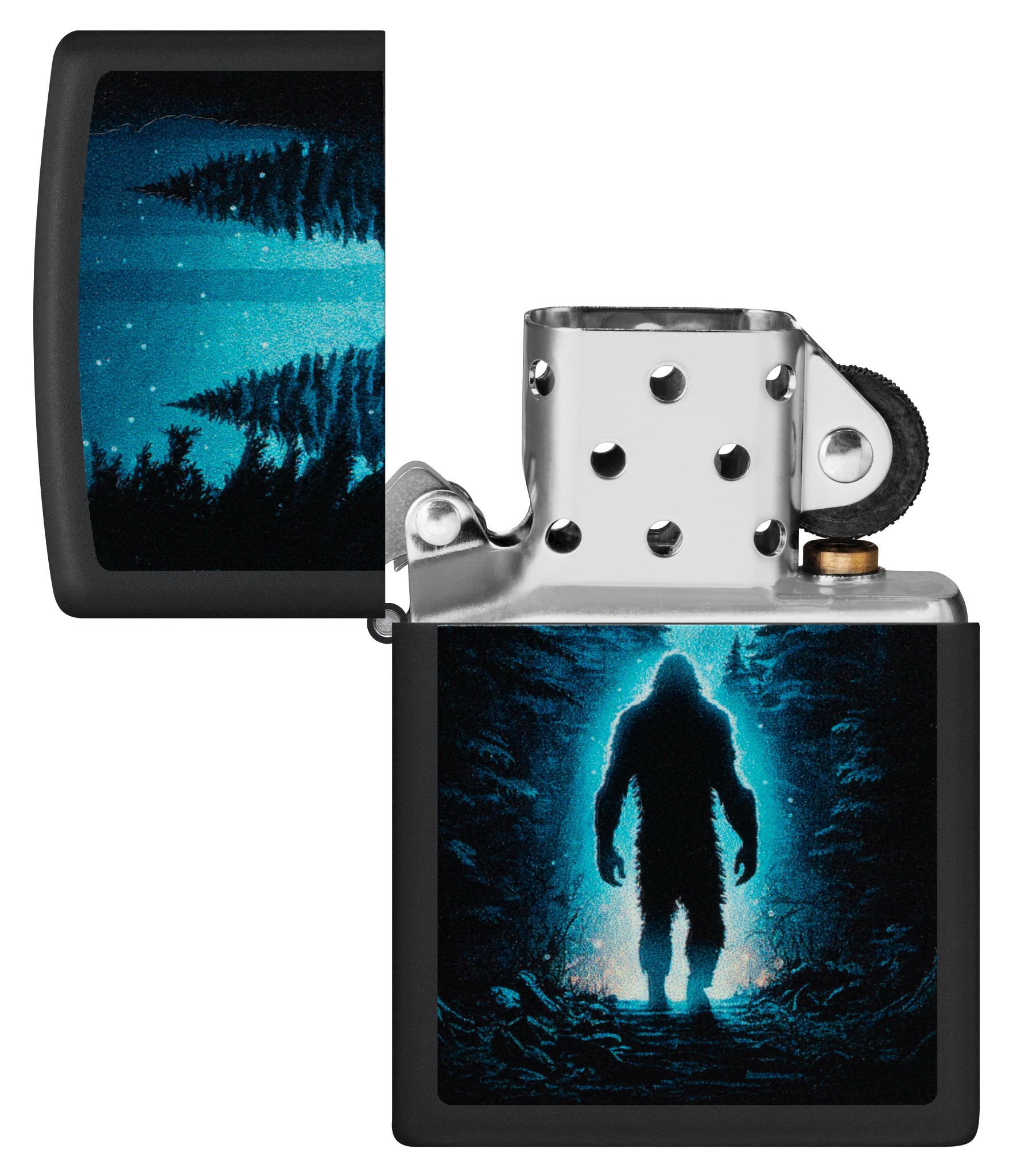 Zippo  Ultra Squatch Design Black Matte Windproof Lighter with its lid open and unlit.