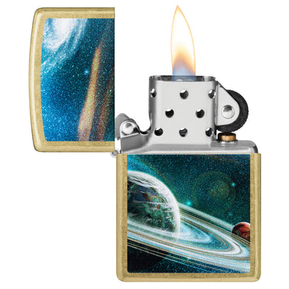 Zippo Space Rings Design Street Brass Windproof Lighter with its lid open and lit.