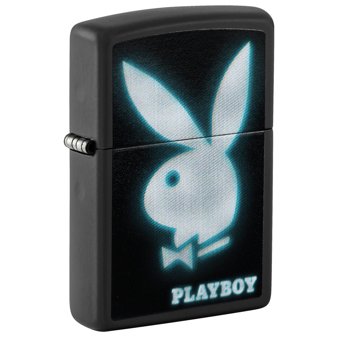 Front shot of Zippo Playboy Blur Design Black Matte Windproof Lighter standing at a 3/4 angle.