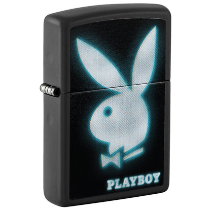Front shot of Zippo Playboy Blur Design Black Matte Windproof Lighter standing at a 3/4 angle.