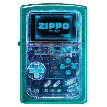 Front view of Zippo Game On Design Candy Teal Windproof Lighter.