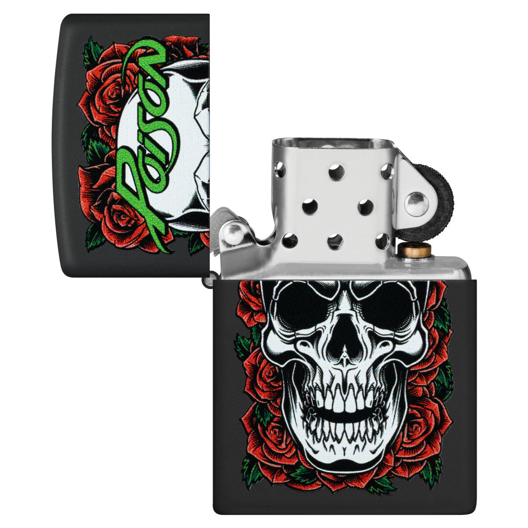 Zippo Poison Skull and Roses Design Black Matte Windproof Lighter with its lid open and unlit.