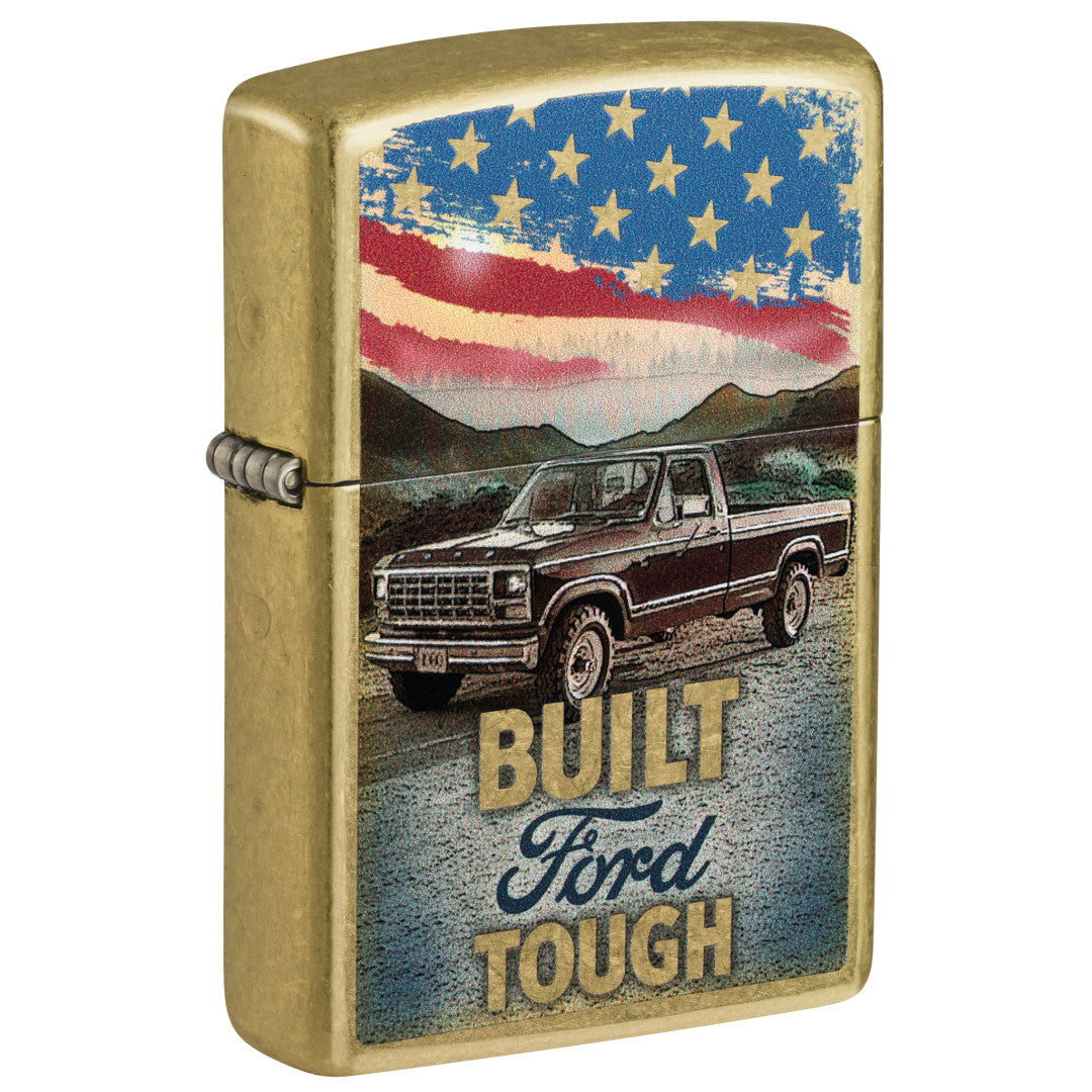 Front shot of Zippo Built Ford Tough Design Street Brass Windproof Lighter standing at a 3/4 angle.