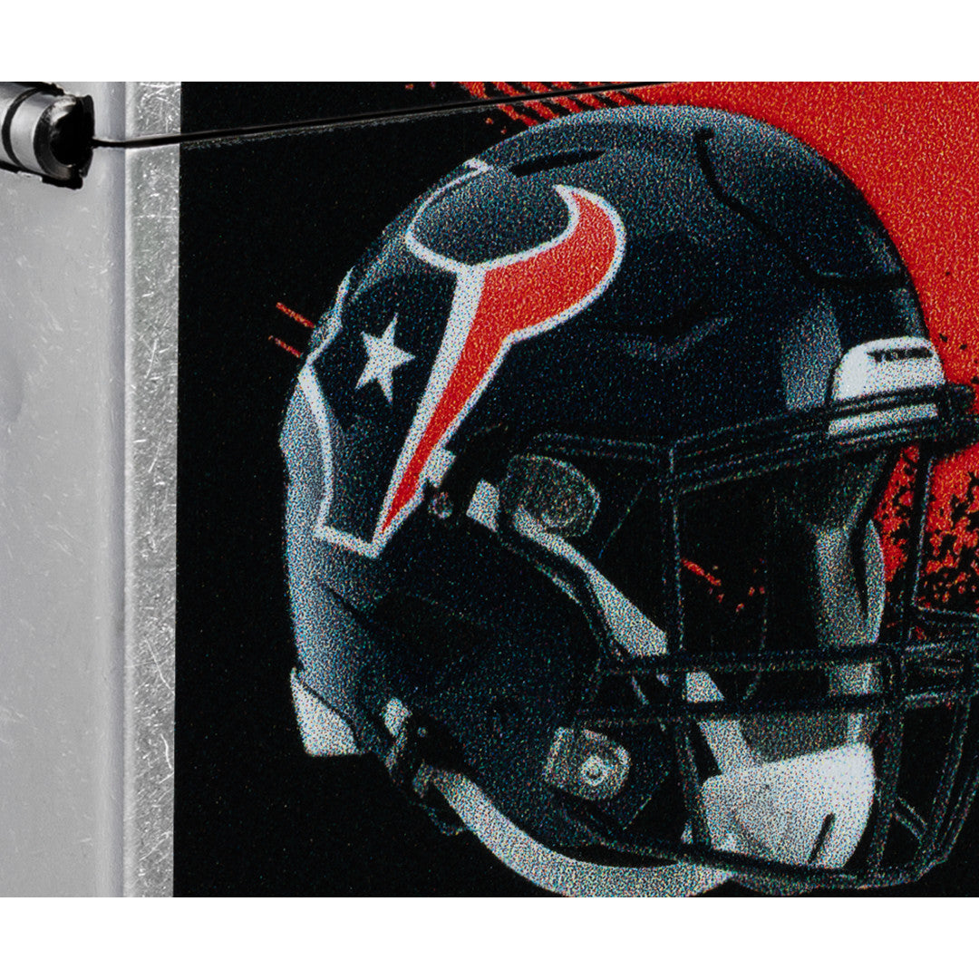Front view of Zippo NFL Houston Texans Helmet Design Street Chrome Windproof Lighter close up to show the detail of the lighter.