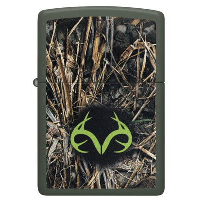 Front view of Zippo Realtree® Brush Design Green Matte Windproof Lighter.