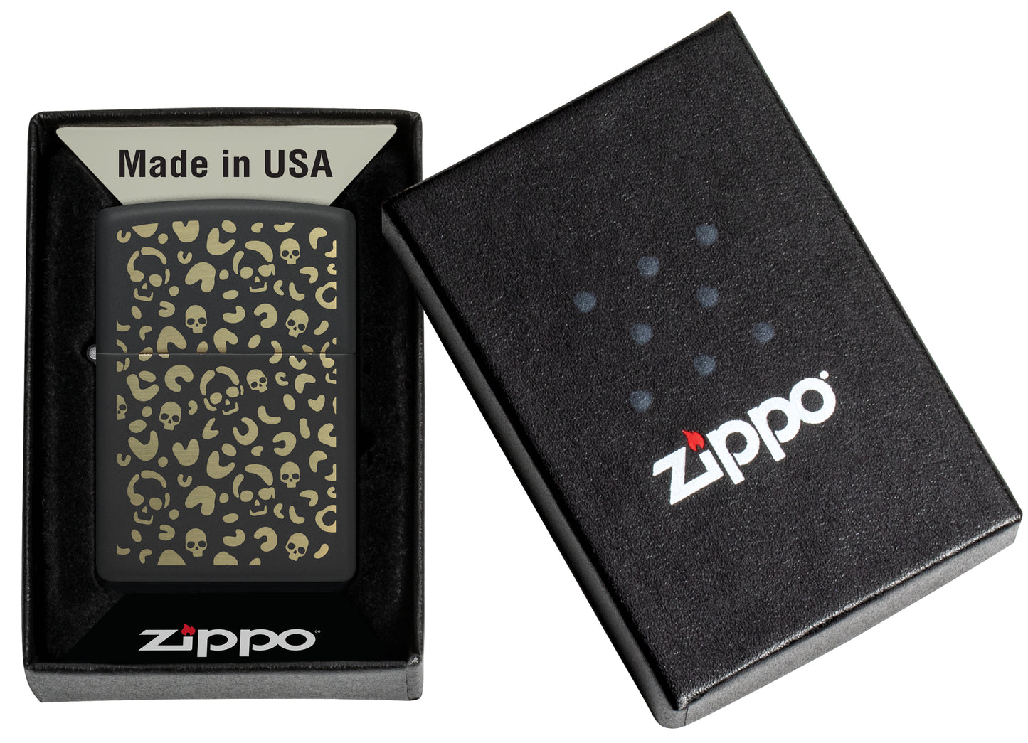Zippo Leopard Skulls Design Black Matte Windproof Lighter in its packaging.