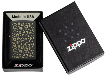 Zippo Leopard Skulls Design Black Matte Windproof Lighter in its packaging.