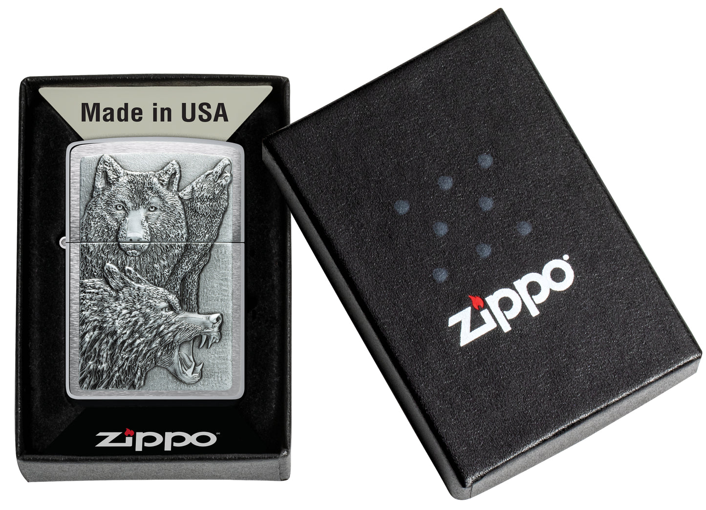 Zippo Wolf Pack Emblem Brushed Chrome Windproof Lighter in its packaging.