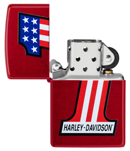 Zippo Harley-Davidson® #1 Logo Design Candy Apple Red Windproof Lighter with its lid open and unlit.