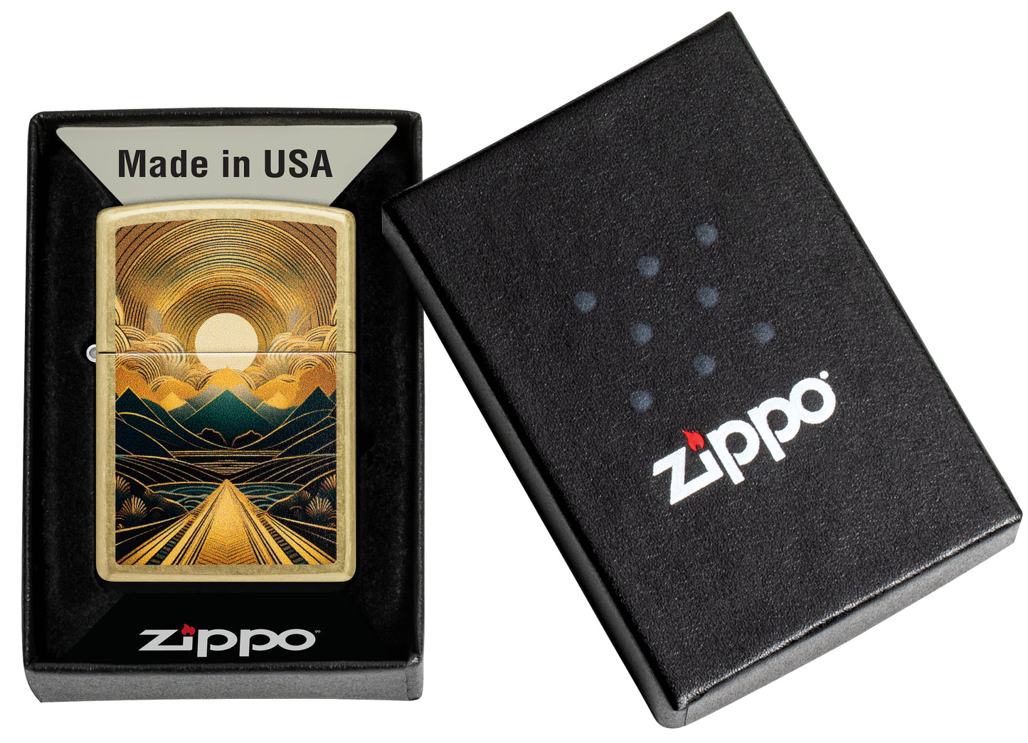 Zippo Through the Mountains Design Windproof Lighter in its packaging.