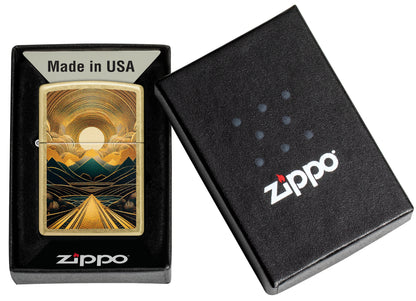 Zippo Through the Mountains Design Windproof Lighter in its packaging.