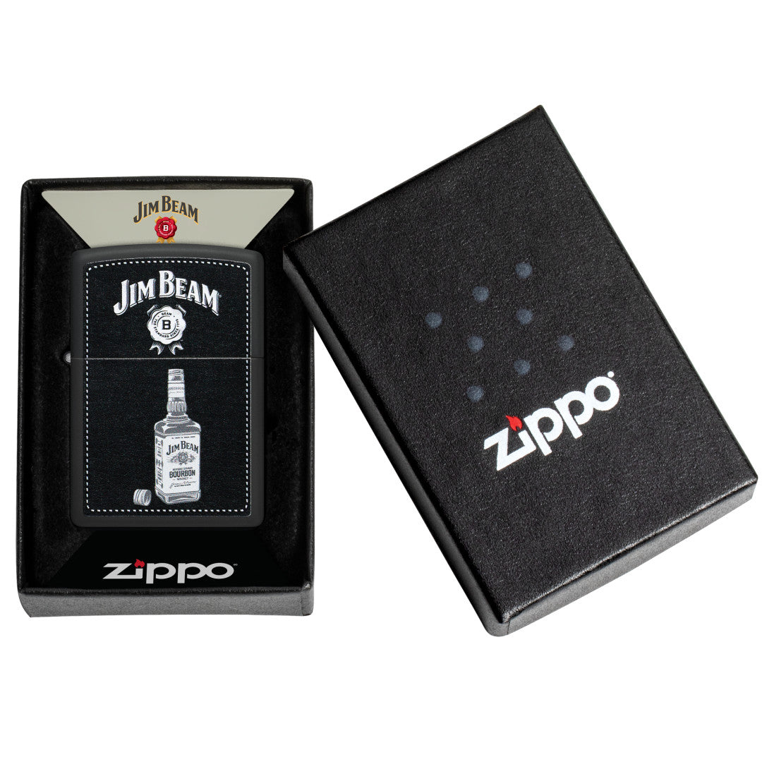 Zippo Jim Beam® Bottle Design Black Matte Windproof Lighter in its packaging.