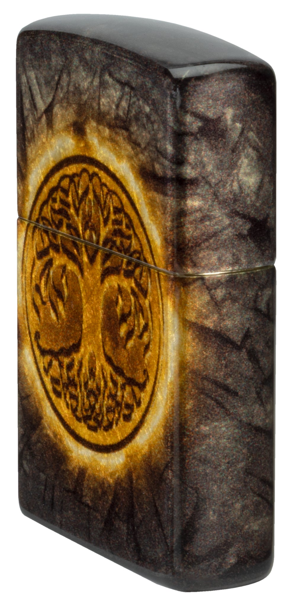 Angled shot of  Zippo Gleaming Tree of Life Design 540 Tumbled Brass Windproof Lighter showing the front and right sides of the lighter.