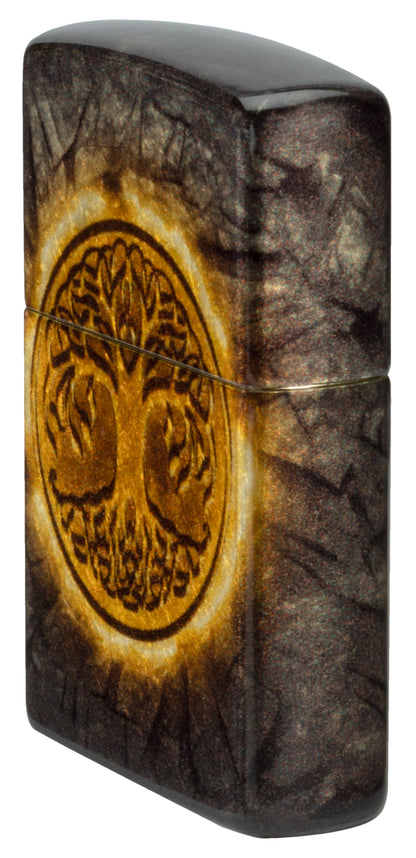 Angled shot of  Zippo Gleaming Tree of Life Design 540 Tumbled Brass Windproof Lighter showing the front and right sides of the lighter.