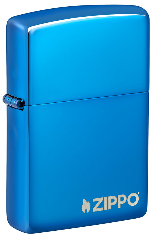 Front shot of Classic High Polish Blue Zippo Logo Windproof Lighter standing at a 3/4 angle.