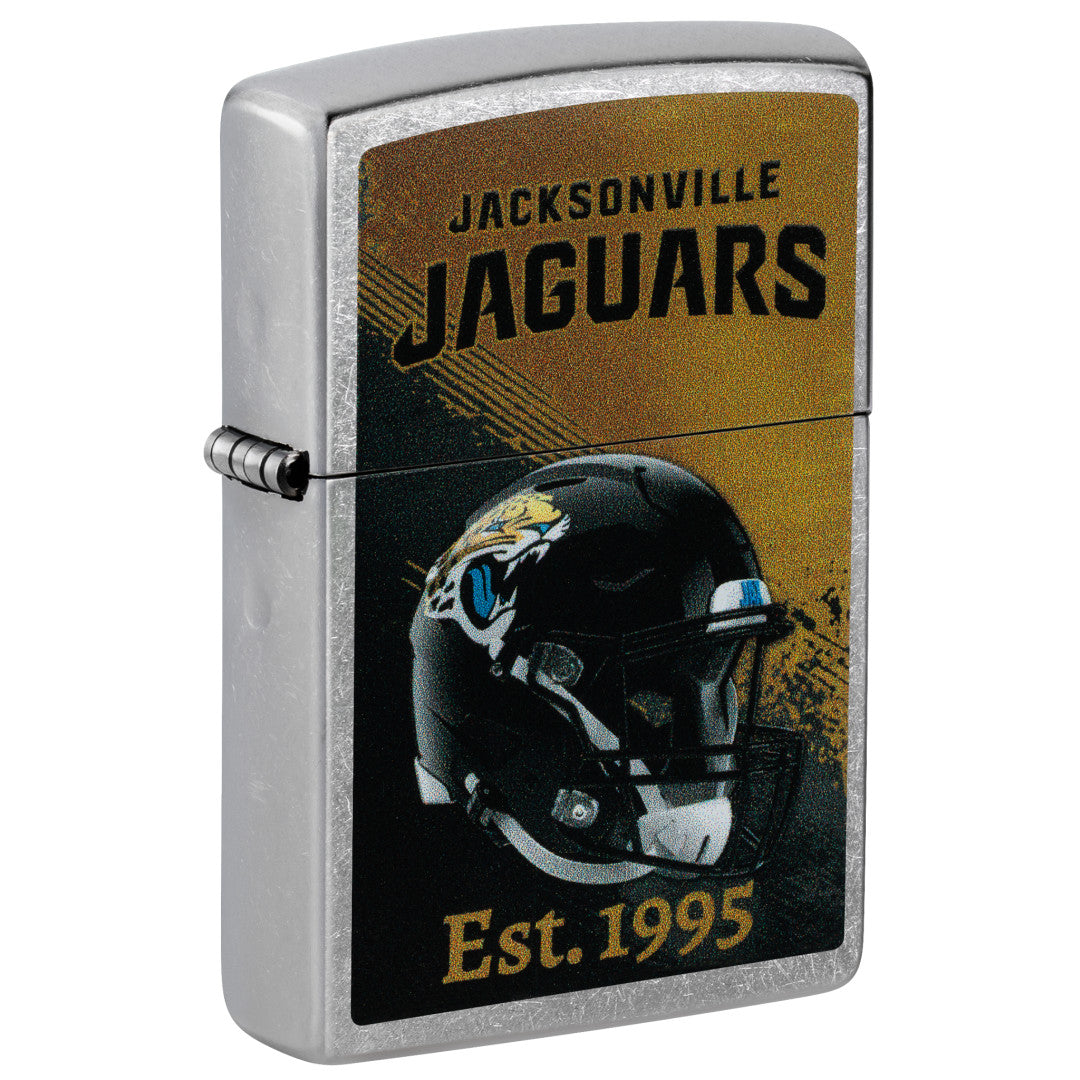 Front shot of Zippo NFL Jacksonville Jaguars Helmet Design Street Chrome Windproof Lighter standing at a 3/4 angle.