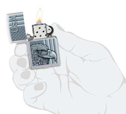 Zippo USA Pride Design Satin Chrome Windproof Lighter lit in hand.