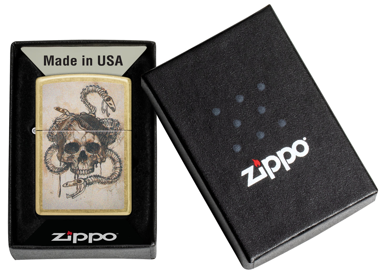 Zippo Skull and Snakebones Design Street Brass Windproof Lighter in its packaging.
