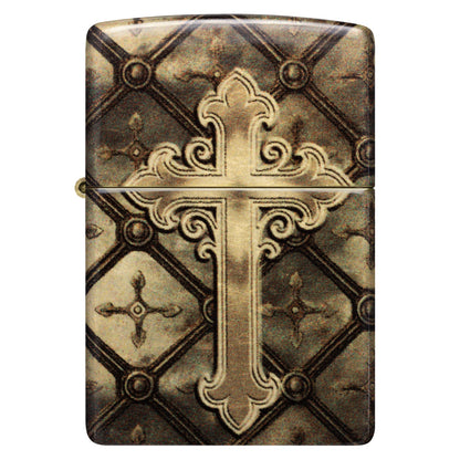 Front view of Zippo Gilded Cross Design 540 Tumbled Brass Windproof Lighter.