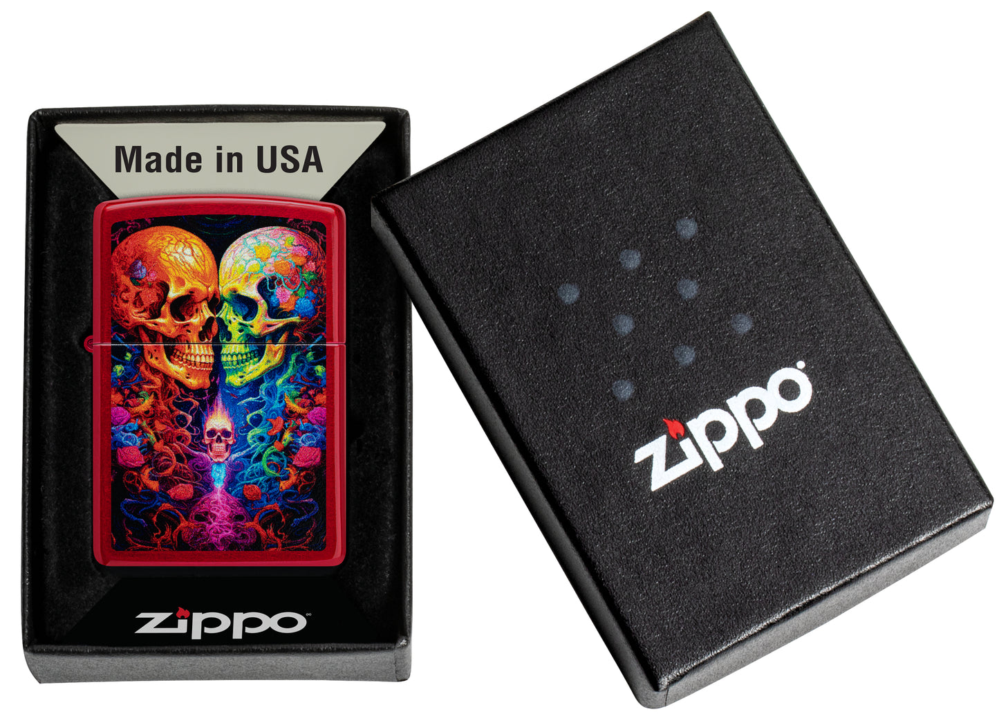 Zippo Candy Skulls Design Candy Apple Red Windproof Lighter in its packaging.