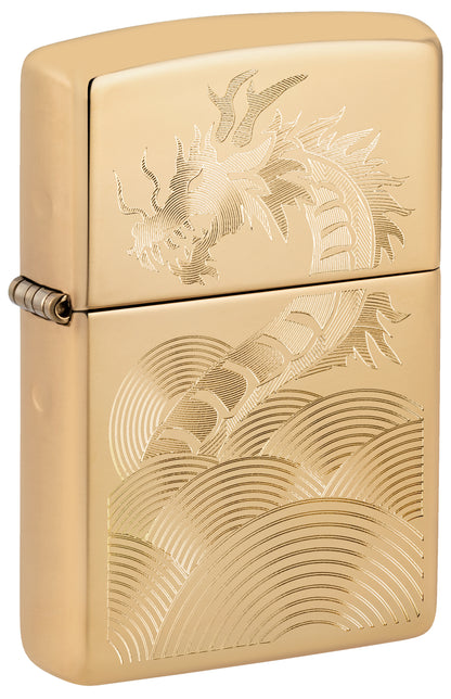Front shot of Zippo Golden Dragon Design High Polish Brass Windproof Lighter standing at a 3/4 angle.
