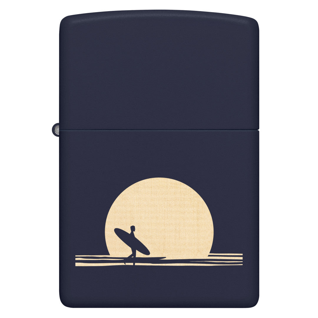 Front view of Zippo Sun and Surf Design Navy Matte Windproof Lighter.