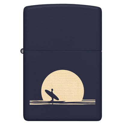 Front view of Zippo Sun and Surf Design Navy Matte Windproof Lighter.