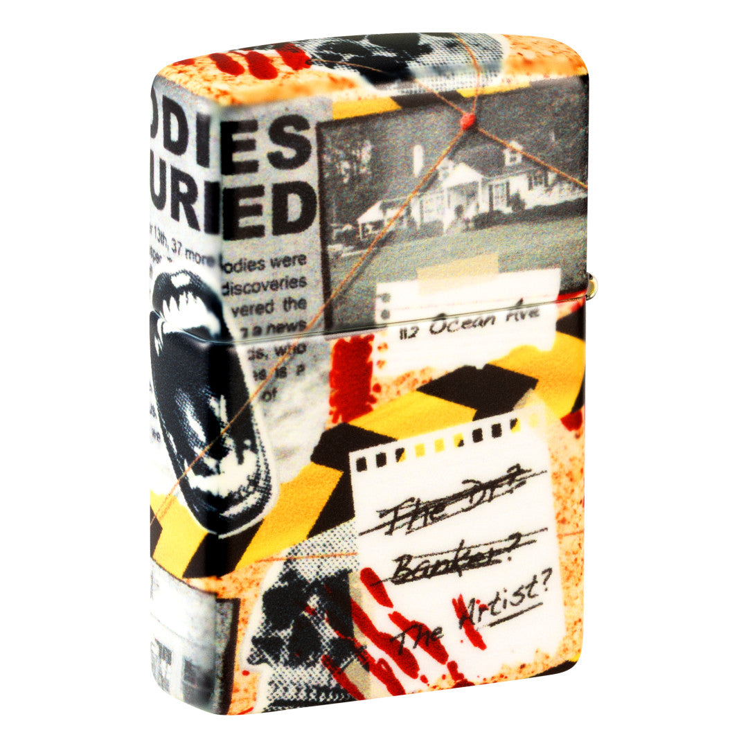 Back view of Zippo Murder Mystery Design 540 Matte Windproof Lighterstanding at a 3/4 angle.