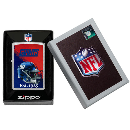 Zippo NFL New York Giants Helmet Design Street Chrome Windproof Lighter in its packaging.