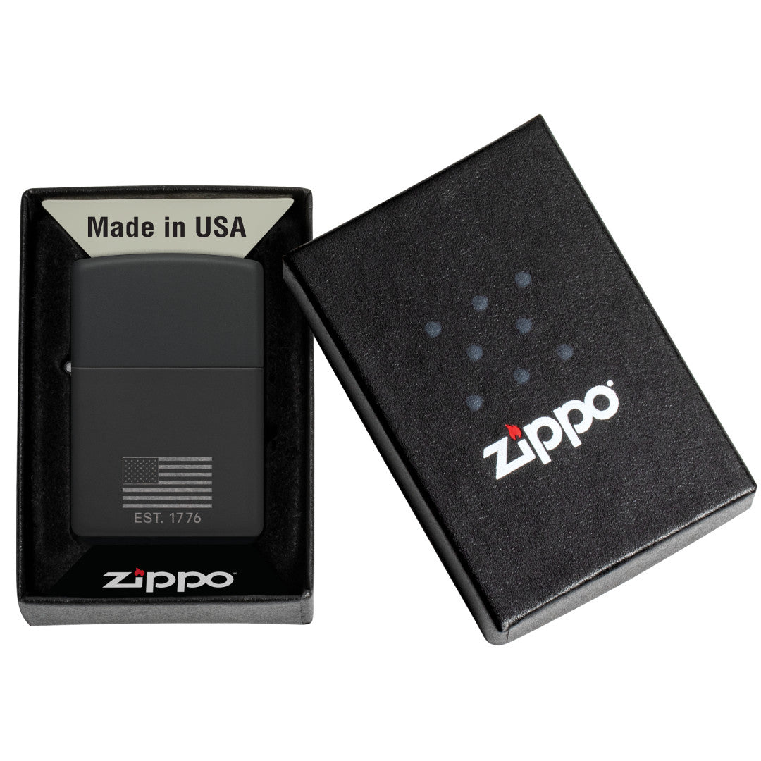 Zippo Because of the Brave Design Black Matte with Chrome Windproof Lighter in its packaging.