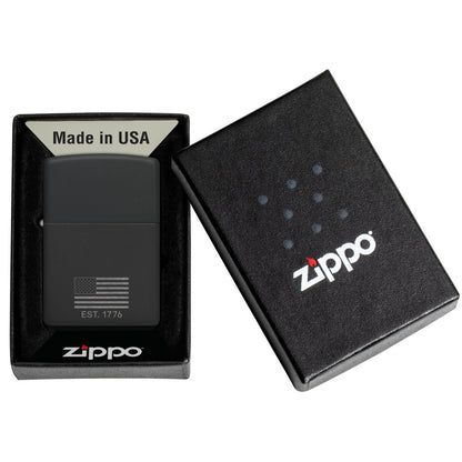 Zippo Because of the Brave Design Black Matte with Chrome Windproof Lighter in its packaging.