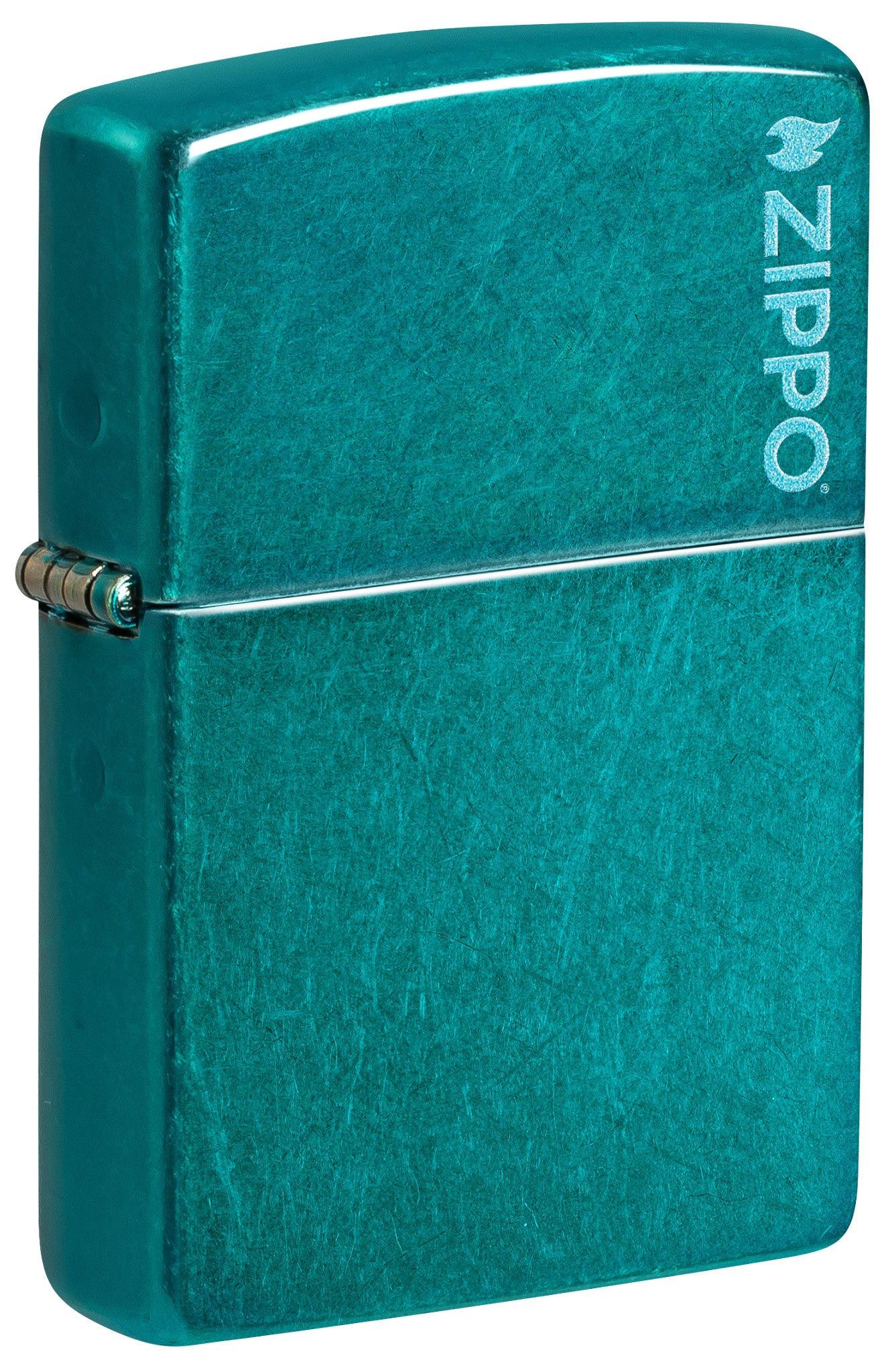 Front shot of Zippo Classic Candy Teal Zippo Logo Windproof Lighter standing at a 3/4 angle.