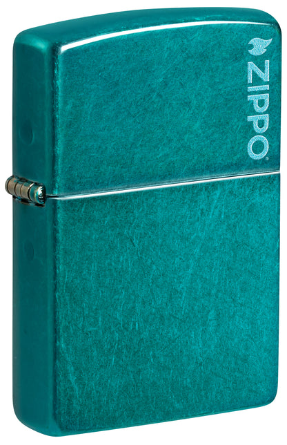 Front shot of Zippo Classic Candy Teal Zippo Logo Windproof Lighter standing at a 3/4 angle.