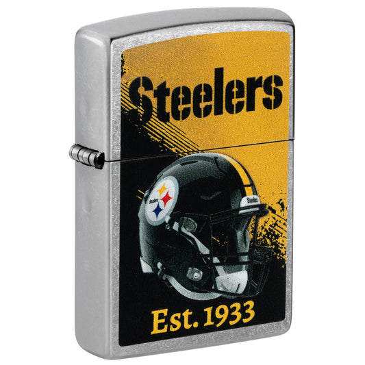 Front shot of Zippo NFL Pittsburgh Steelers Helmet Design Street Chrome Windproof Lighter standing at a 3/4 angle.