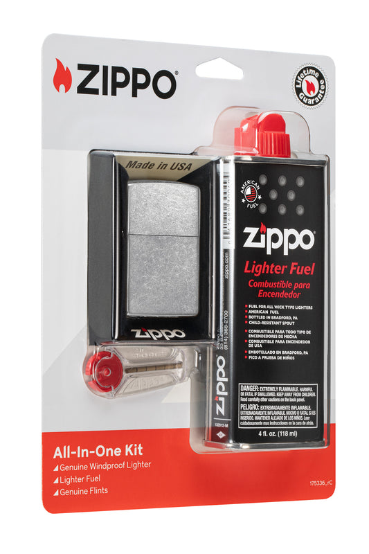 
Zippo all-in-one gift set (fuel, flint, lighter) in packaging 3/4 view
