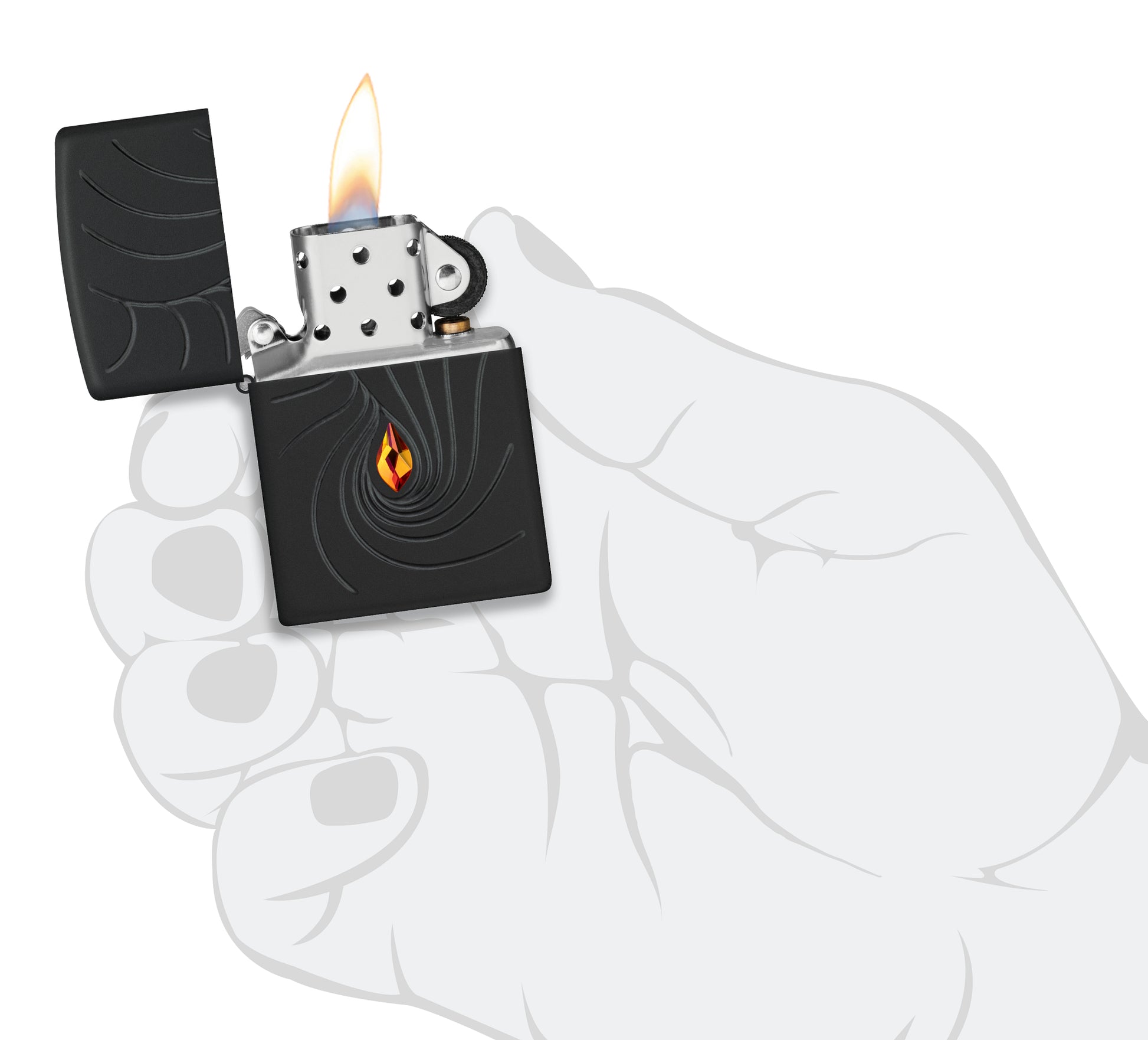 Zippo Crystal Waves Design Armor® Black Matte Windproof Lighter lit in hand.