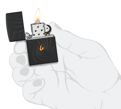 Zippo Crystal Waves Design Armor® Black Matte Windproof Lighter lit in hand.