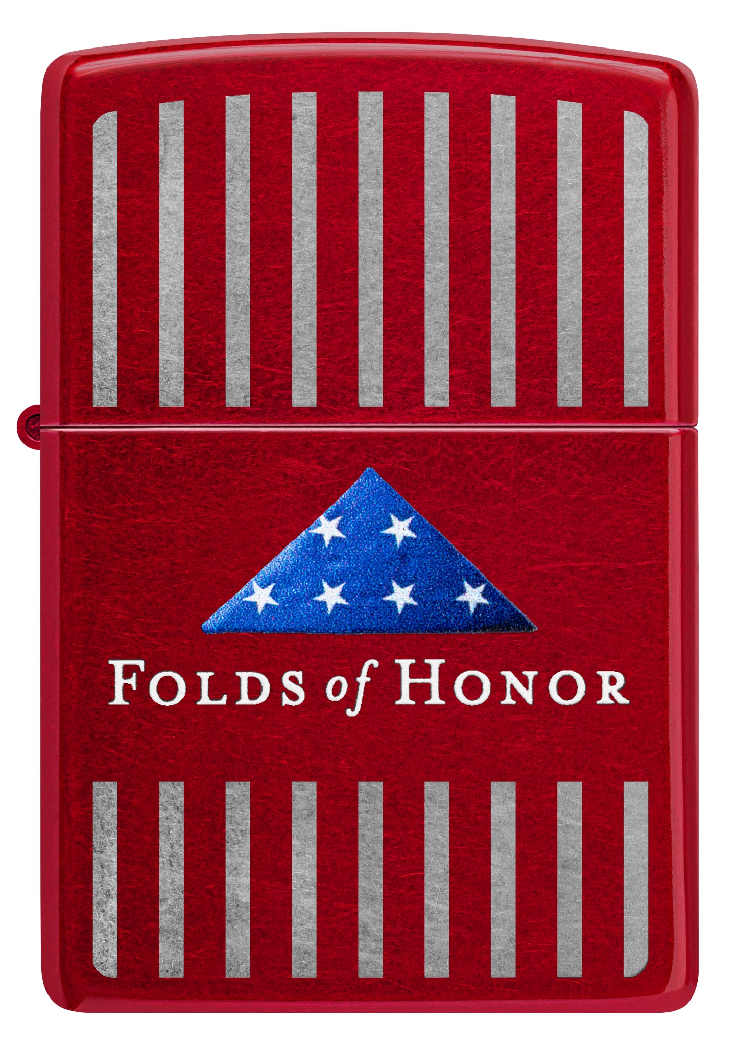 Front view of Zippo Folds of Honor Pinstripes Design Candy Apple Red Windproof Lighter.