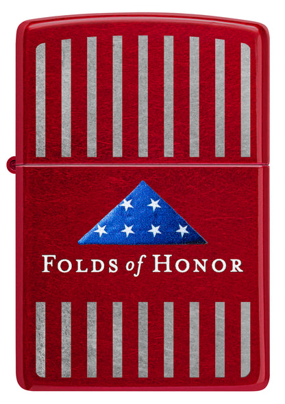 Front view of Zippo Folds of Honor Pinstripes Design Candy Apple Red Windproof Lighter.