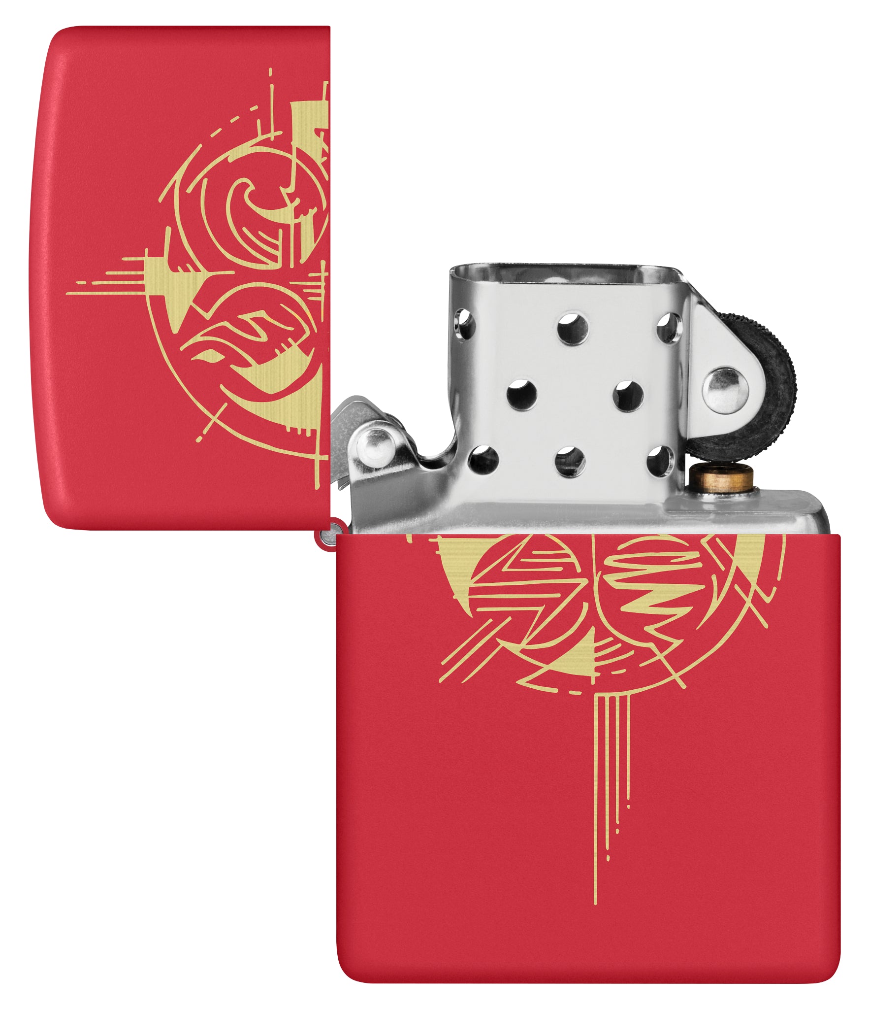 Zippo Elements Design Red Matte Windproof Lighter with its lid open and unlit.