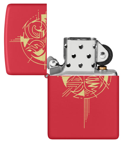 Zippo Elements Design Red Matte Windproof Lighter with its lid open and unlit.