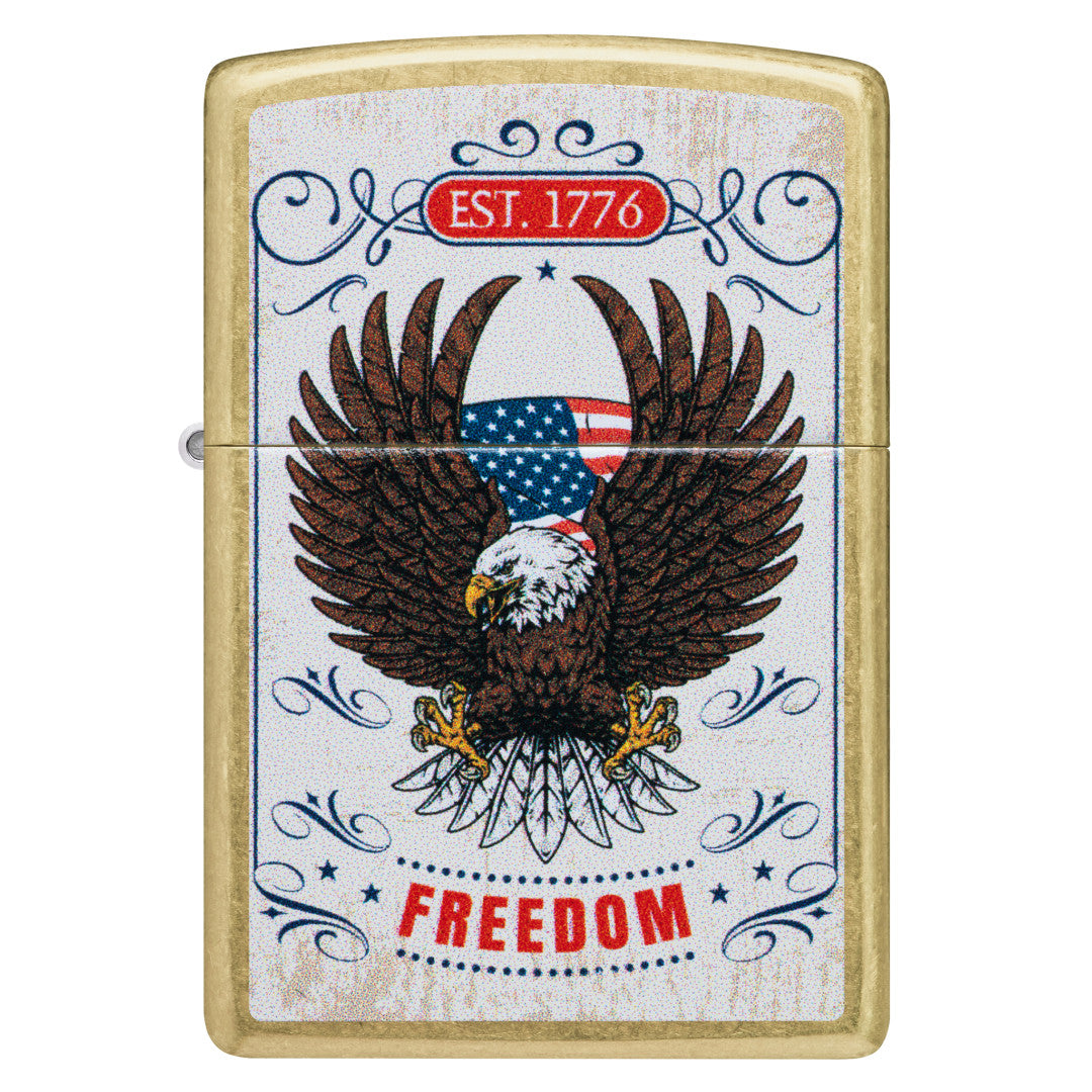 Front view of Zippo Soaring Freedom Design Street Brass Windproof Lighter.