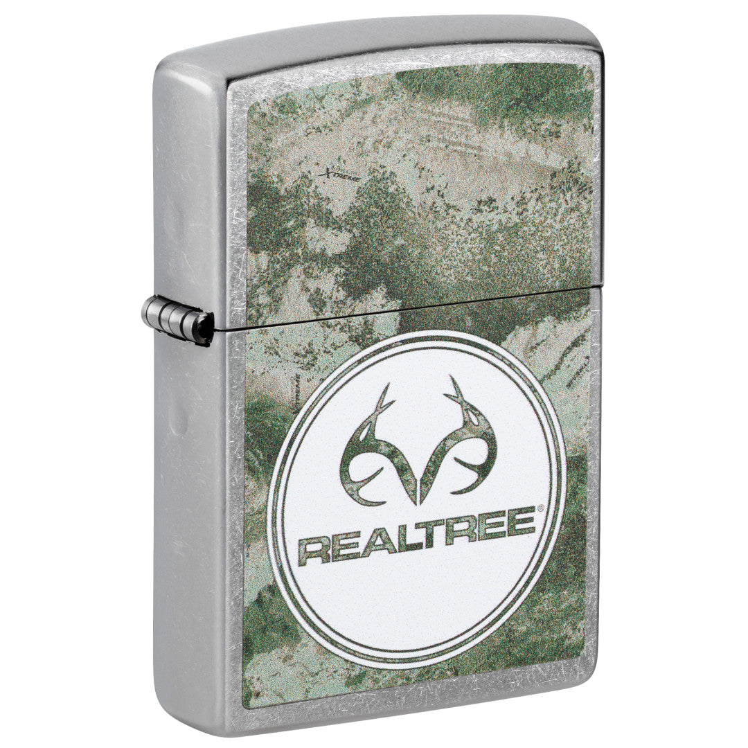 Front shot of Zippo Realtree® XTREME Design Street Chrome Windproof Lighter standing at a 3/4 angle.