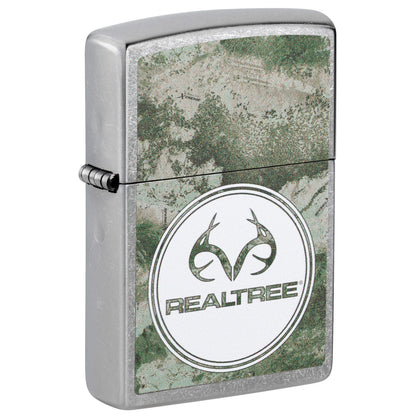 Front shot of Zippo Realtree® XTREME Design Street Chrome Windproof Lighter standing at a 3/4 angle.