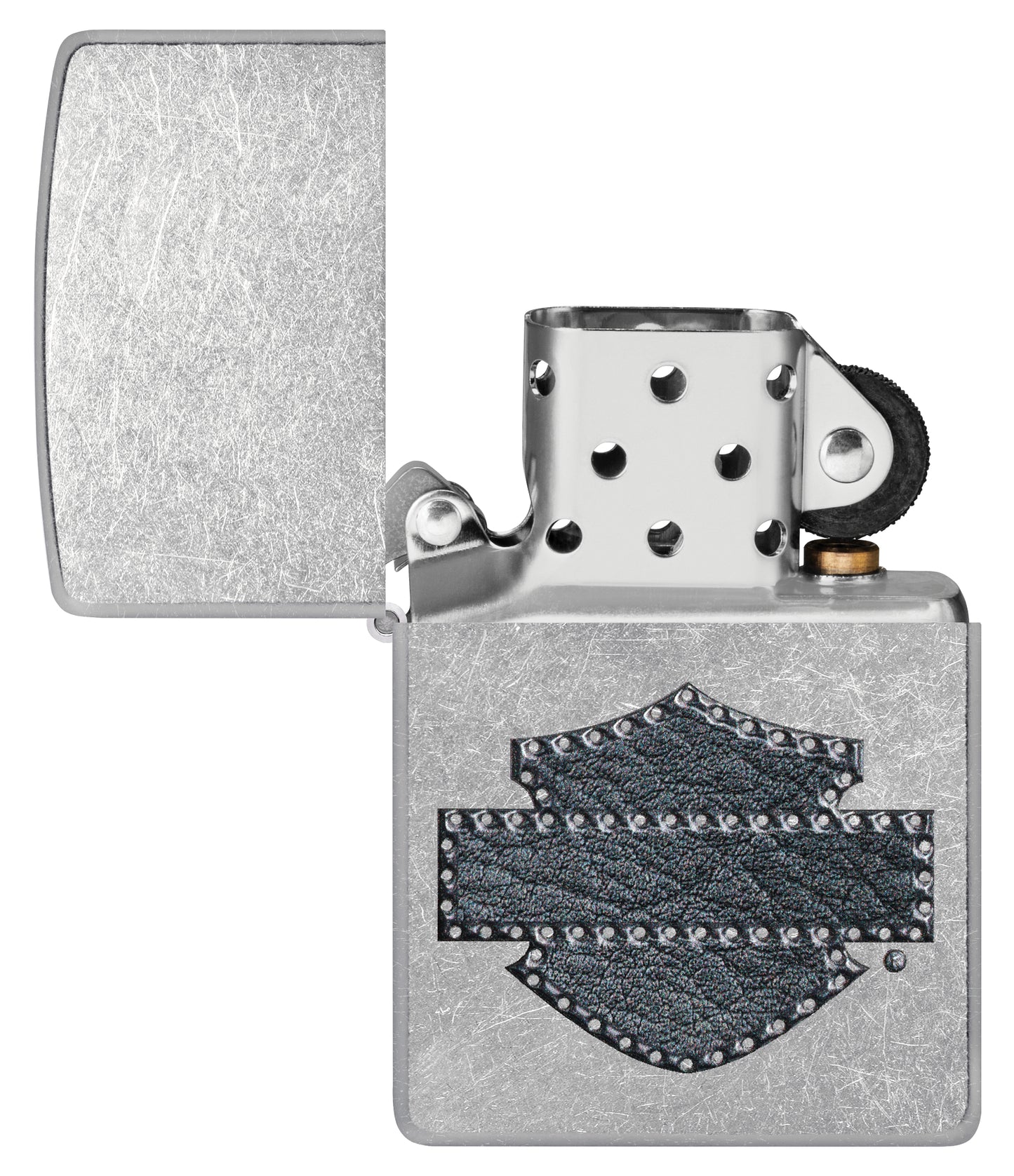 Zippo Harley-Davidson® Leathered Logo Design Street Chrome Windproof Lighter with its lid open and unlit.